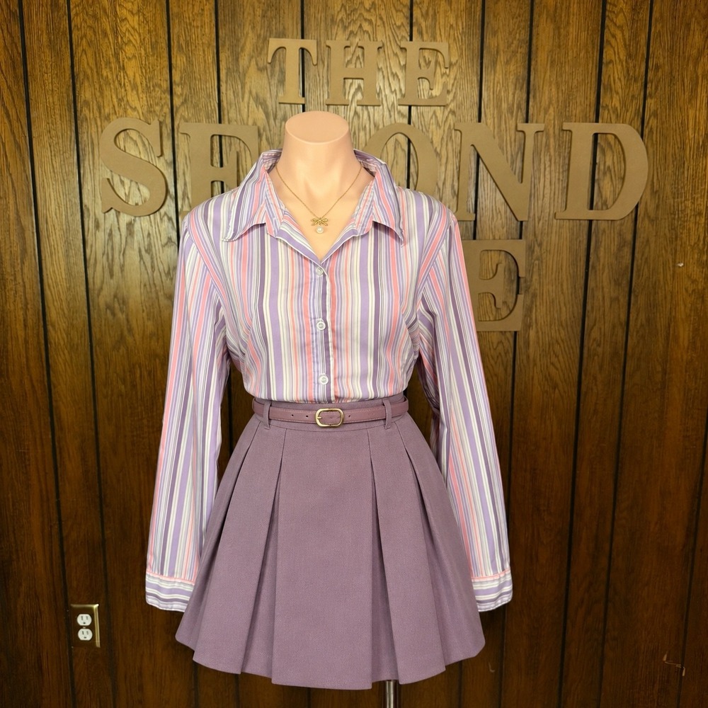 Purple Pink Striped Button Down Shirt Denim & Co XL Preppy Retro Coastal 90s